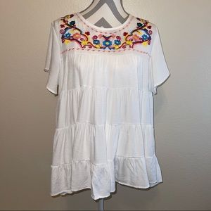 White Multi Color Floral Embroidered Tiered Breezy Short Sleeve Swing Top S M L